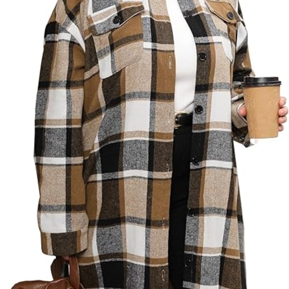 Womens Casual Plaid Shacket Button Down Long Sleeve Shirt - Various Sizes - Picture 2 of 2